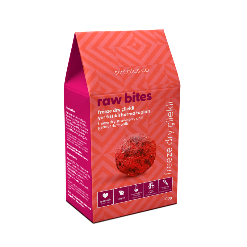 Freeze Dry Çilek Kaplı Glutensiz Vegan Yerfıstıklı Hurma Topları Raw Bites 100gr
